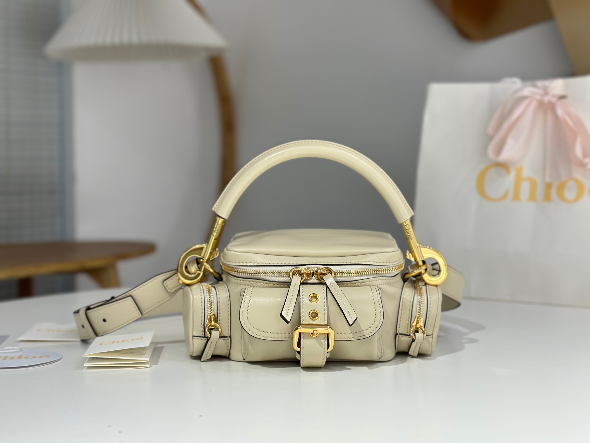 Chloe Small Camera Bag In Vegetal Beige Shiny Leather